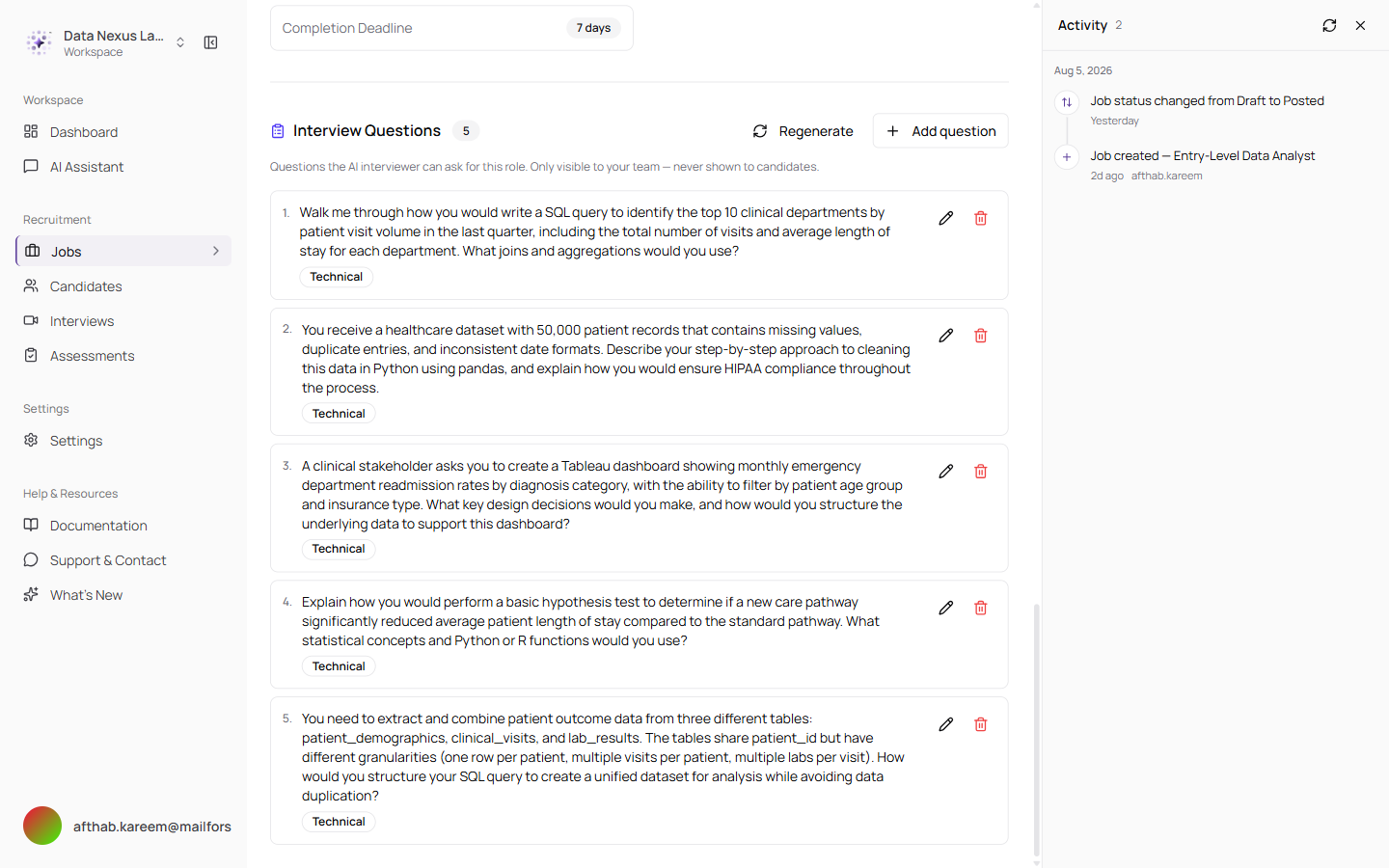 The interview questions section on a job